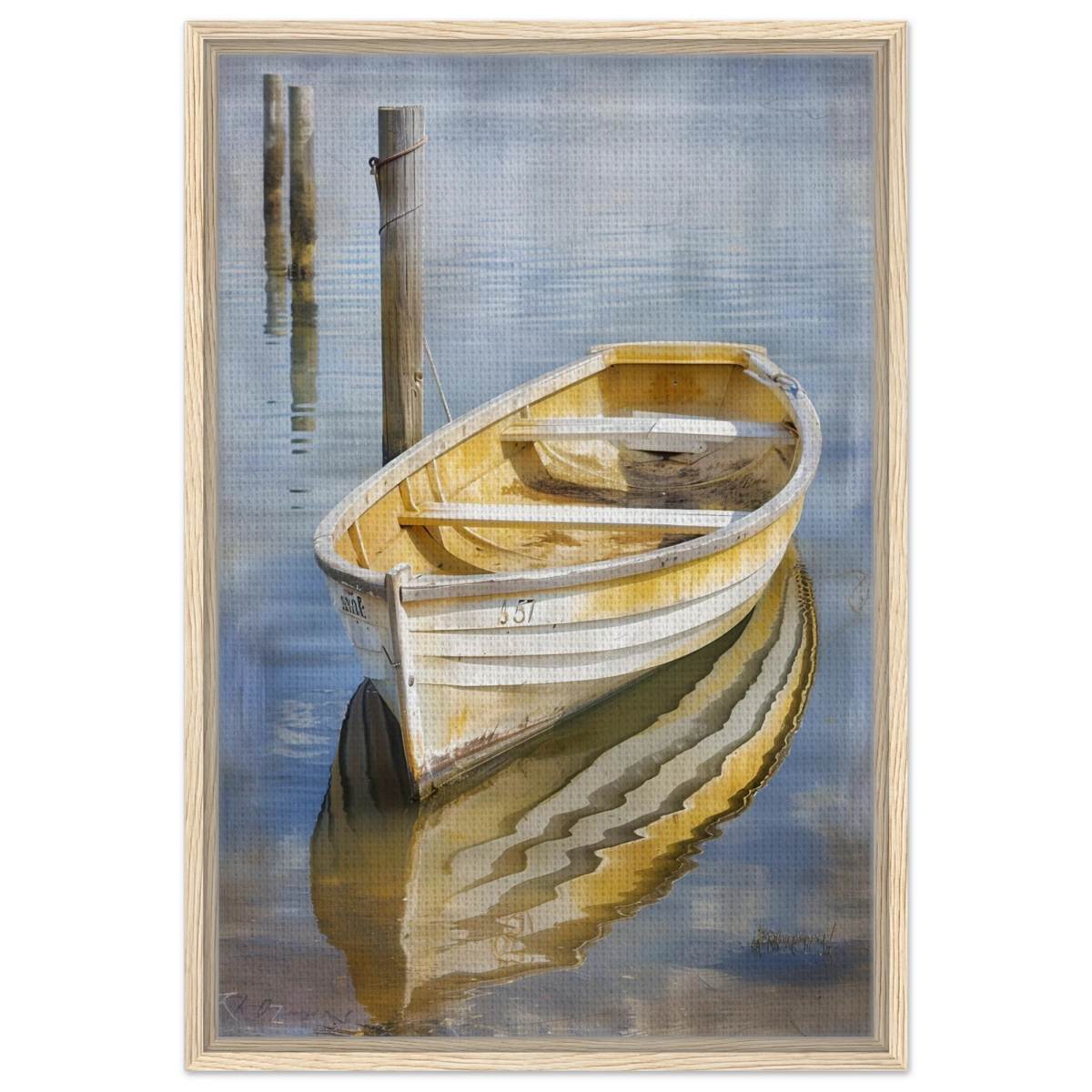 Golden Rowboat Reflections – Nautical Wall Art Print - Framed Canvas - 50x75 cm / 20x30″ - Wood frame