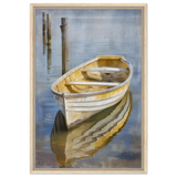 Golden Rowboat Reflections – Nautical Wall Art Print - Framed Canvas - 50x75 cm / 20x30″ - Wood frame