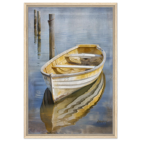 Golden Rowboat Reflections – Nautical Wall Art Print - Framed Canvas - 50x75 cm / 20x30″ - Wood frame
