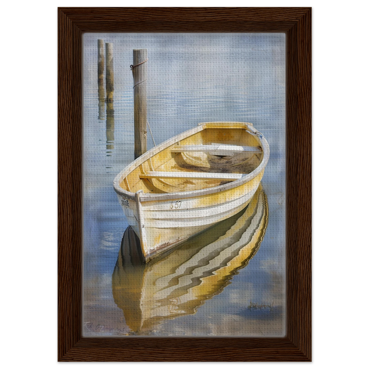 Golden Rowboat Reflections – Nautical Wall Art Print - Framed Canvas - 20x30 cm / 8x12″ - Dark wood frame