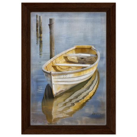 Golden Rowboat Reflections – Nautical Wall Art Print - Framed Canvas - 20x30 cm / 8x12″ - Dark wood frame