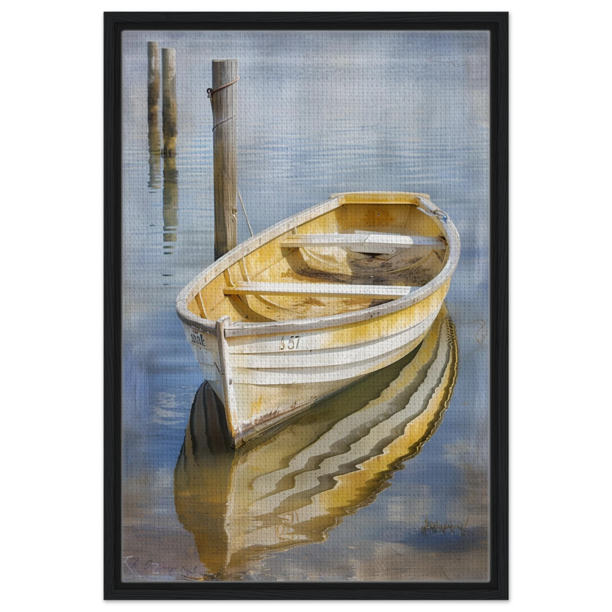 Golden Rowboat Reflections – Nautical Wall Art Print - Framed Canvas - 50x75 cm / 20x30″ - Black frame