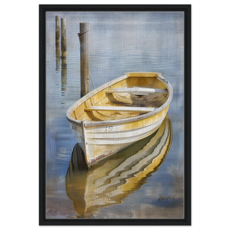 Golden Rowboat Reflections – Nautical Wall Art Print - Framed Canvas - 50x75 cm / 20x30″ - Black frame