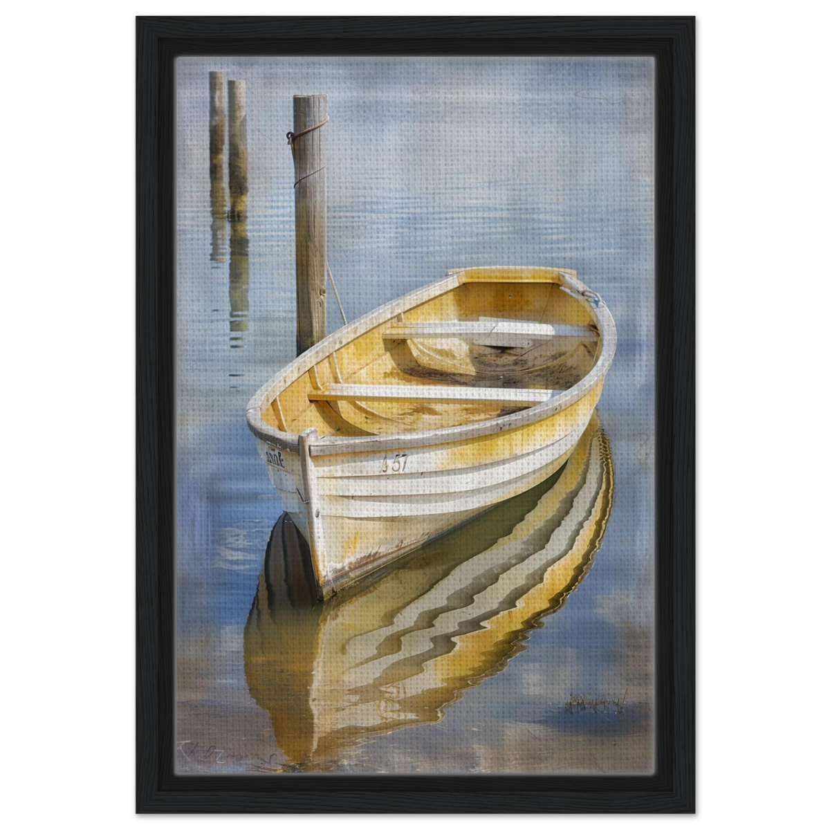 Golden Rowboat Reflections – Nautical Wall Art Print - Framed Canvas - 30x45 cm / 12x18″ - Black frame