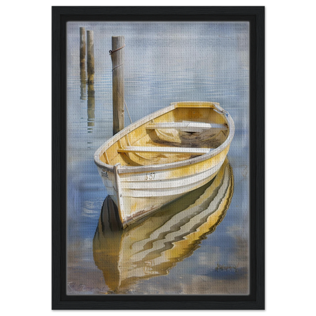 Golden Rowboat Reflections – Nautical Wall Art Print - Framed Canvas - 30x45 cm / 12x18″ - Black frame