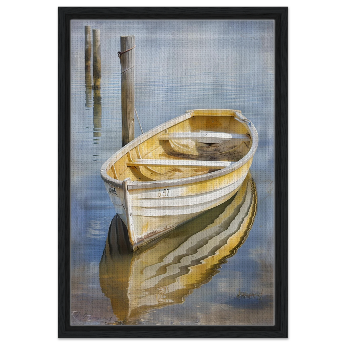 Golden Rowboat Reflections – Nautical Wall Art Print - Framed Canvas - 40x60 cm / 16x24″ - Black frame