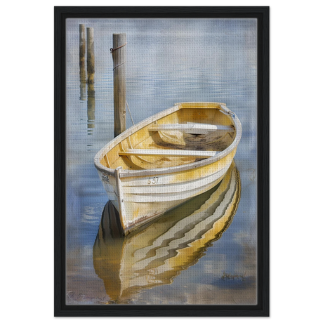 Golden Rowboat Reflections – Nautical Wall Art Print - Framed Canvas - 40x60 cm / 16x24″ - Black frame