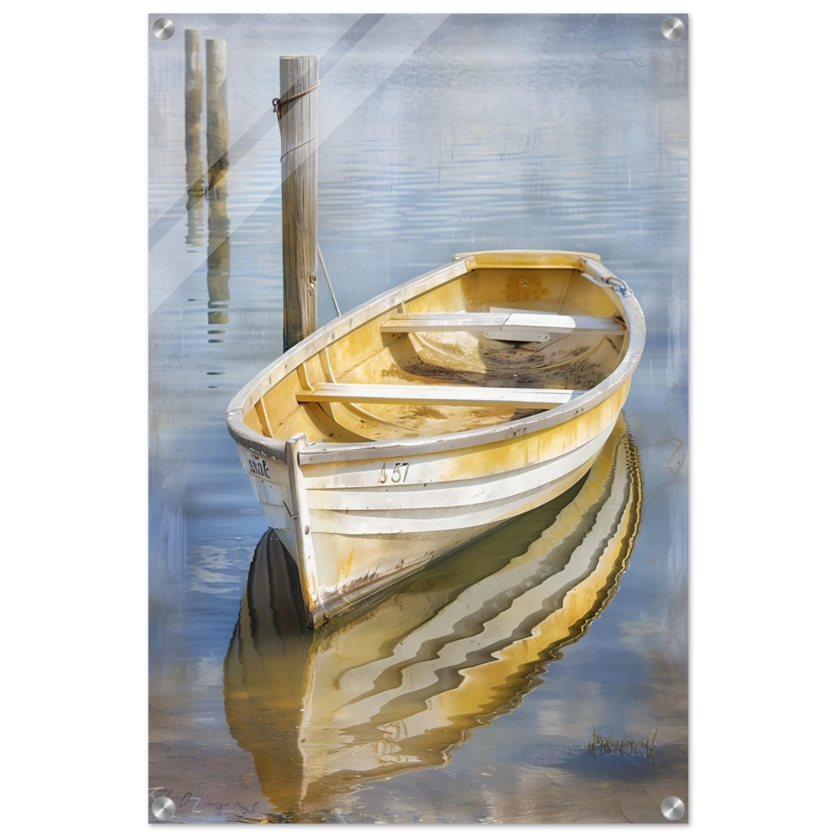 Golden Rowboat Reflections – Nautical Wall Art Print - Acrylic Print - 50x75 cm / 20x30″ - 
