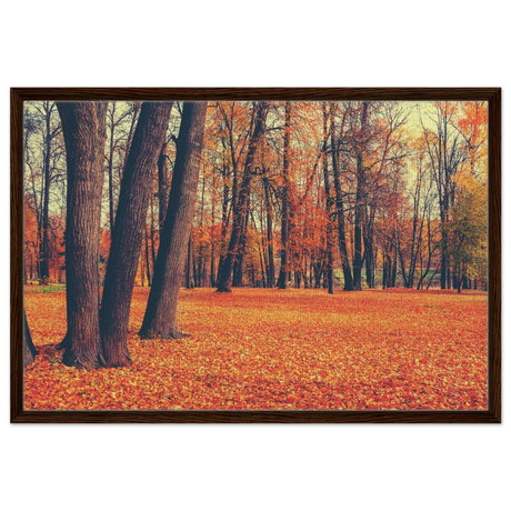 “Golden Silence in Autumn – A Tranquil Forest Escape” | Wall Art Print - Framed Canvas - 60x90 cm / 24x36″ - Dark wood frame