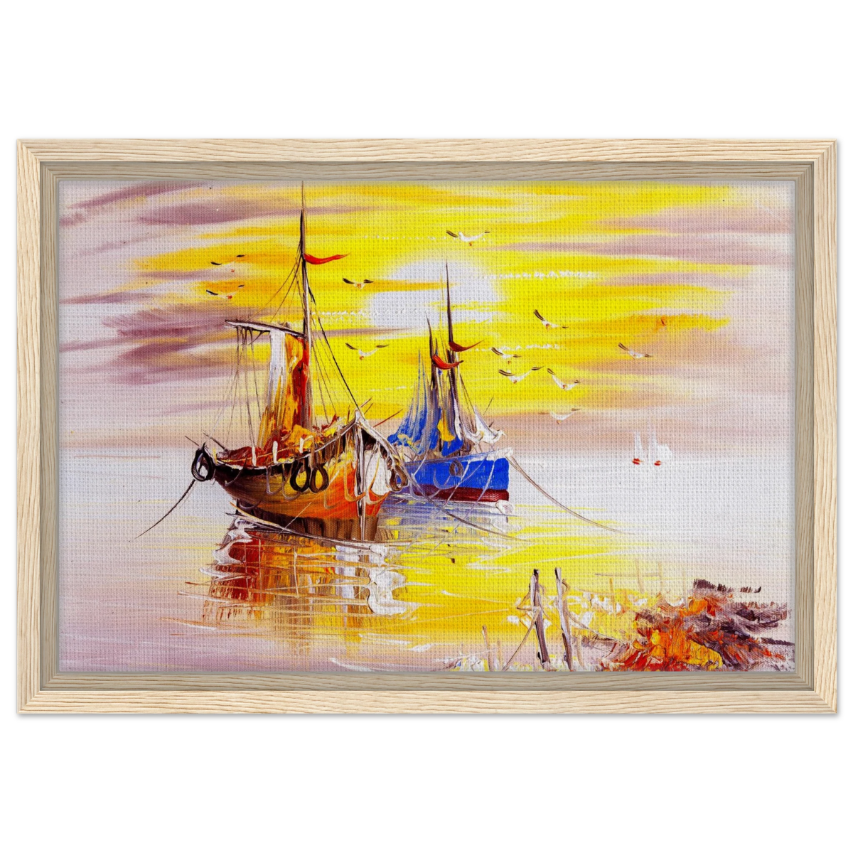 Golden Sunrise Harbour – Nautical Wall Art Print - Framed Canvas - 30x45 cm / 12x18″ - Wood frame