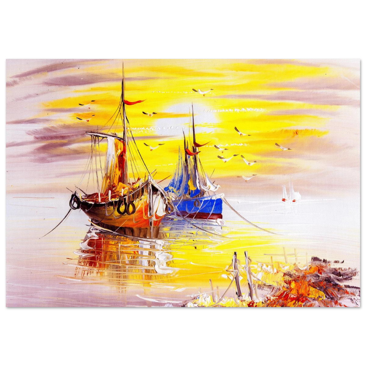 Golden Sunrise Harbour – Nautical Wall Art Print - Fine Art Poster - 70x100 cm / 28x40″ - 