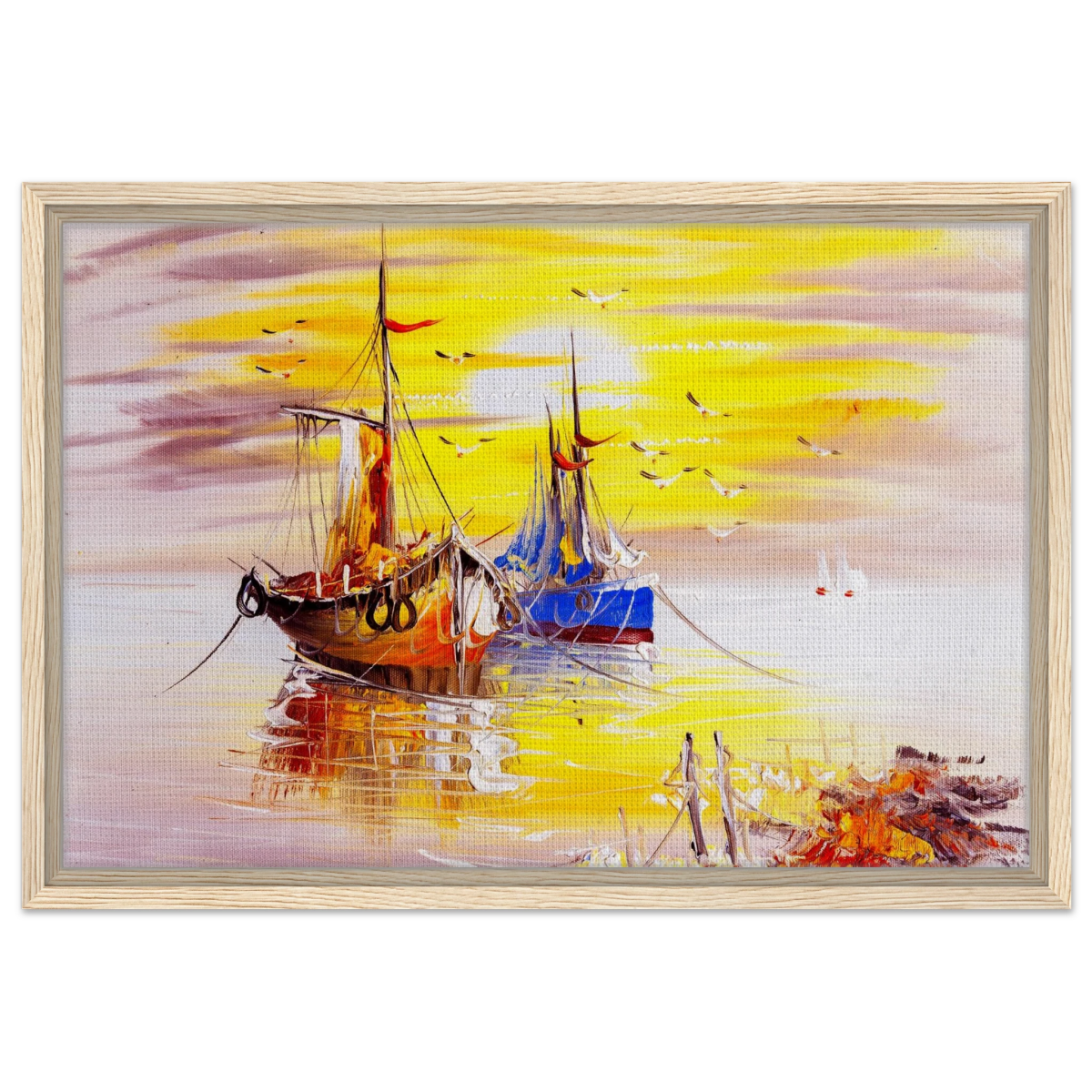 Golden Sunrise Harbour – Nautical Wall Art Print - Framed Canvas - 40x60 cm / 16x24″ - Wood frame