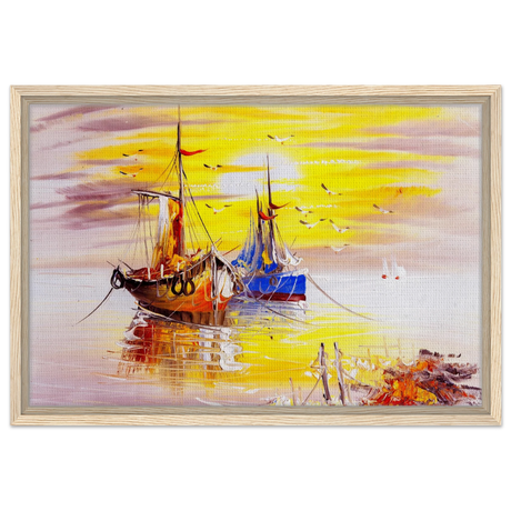 Golden Sunrise Harbour – Nautical Wall Art Print - Framed Canvas - 40x60 cm / 16x24″ - Wood frame