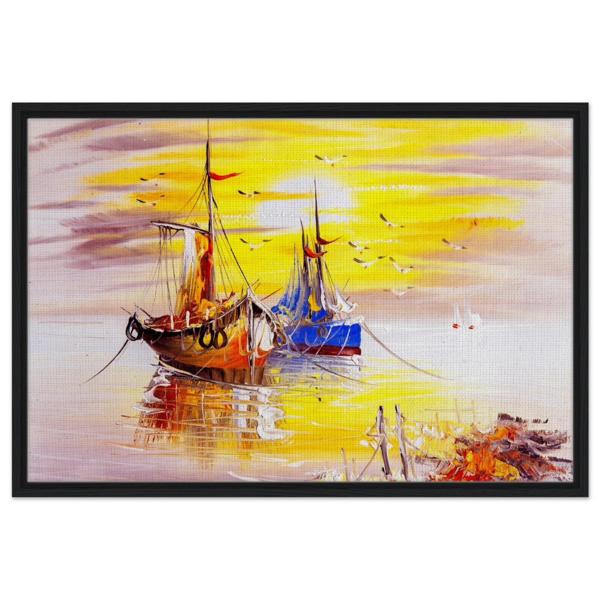 Golden Sunrise Harbour – Nautical Wall Art Print - Framed Canvas - 60x90 cm / 24x36″ - Black frame