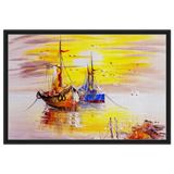 Golden Sunrise Harbour – Nautical Wall Art Print - Framed Canvas - 60x90 cm / 24x36″ - Black frame