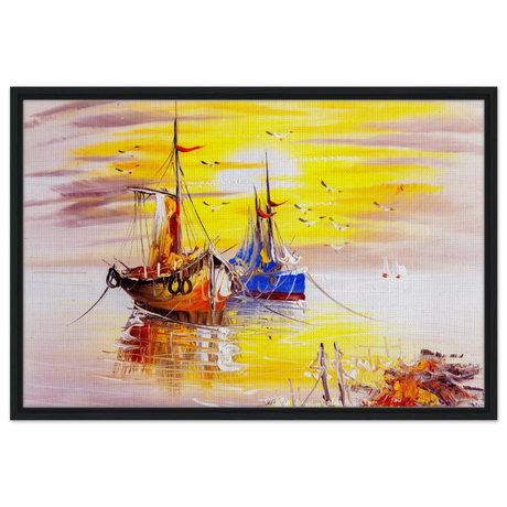 Golden Sunrise Harbour – Nautical Wall Art Print - Framed Canvas - 60x90 cm / 24x36″ - Black frame
