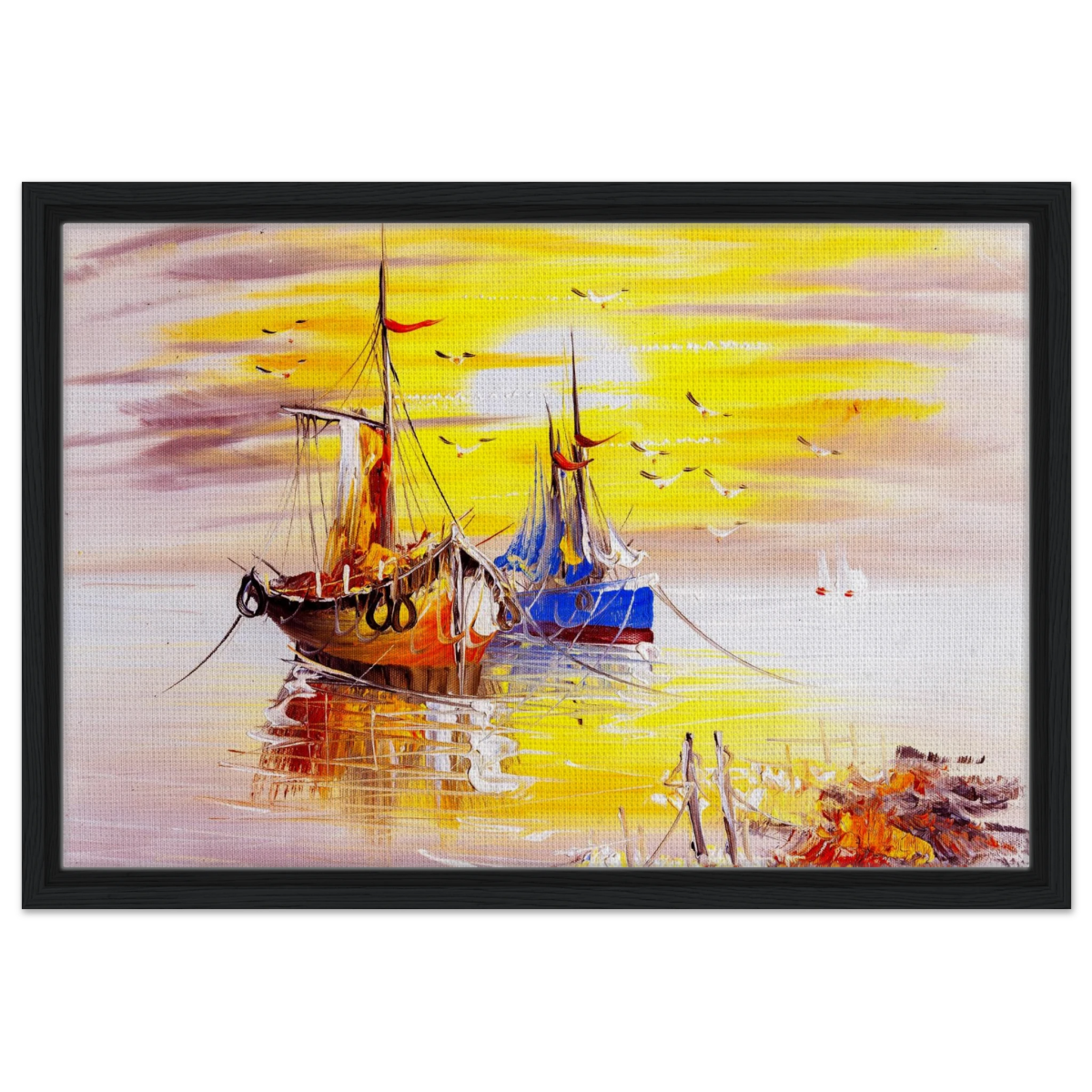 Golden Sunrise Harbour – Nautical Wall Art Print - Framed Canvas - 40x60 cm / 16x24″ - Black frame
