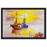 Golden Sunrise Harbour – Nautical Wall Art Print - Framed Canvas - 40x60 cm / 16x24″ - Black frame