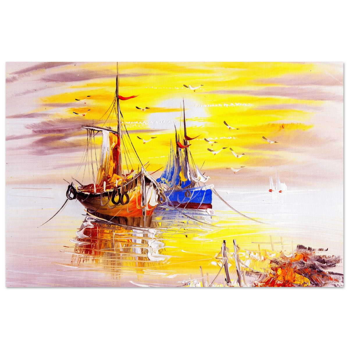 Golden Sunrise Harbour – Nautical Wall Art Print - Fine Art Poster - 60x90 cm / 24x36″ - 