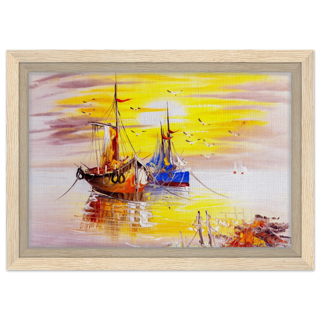 Golden Sunrise Harbour – Nautical Wall Art Print - Framed Canvas - 20x30 cm / 8x12″ - Wood frame