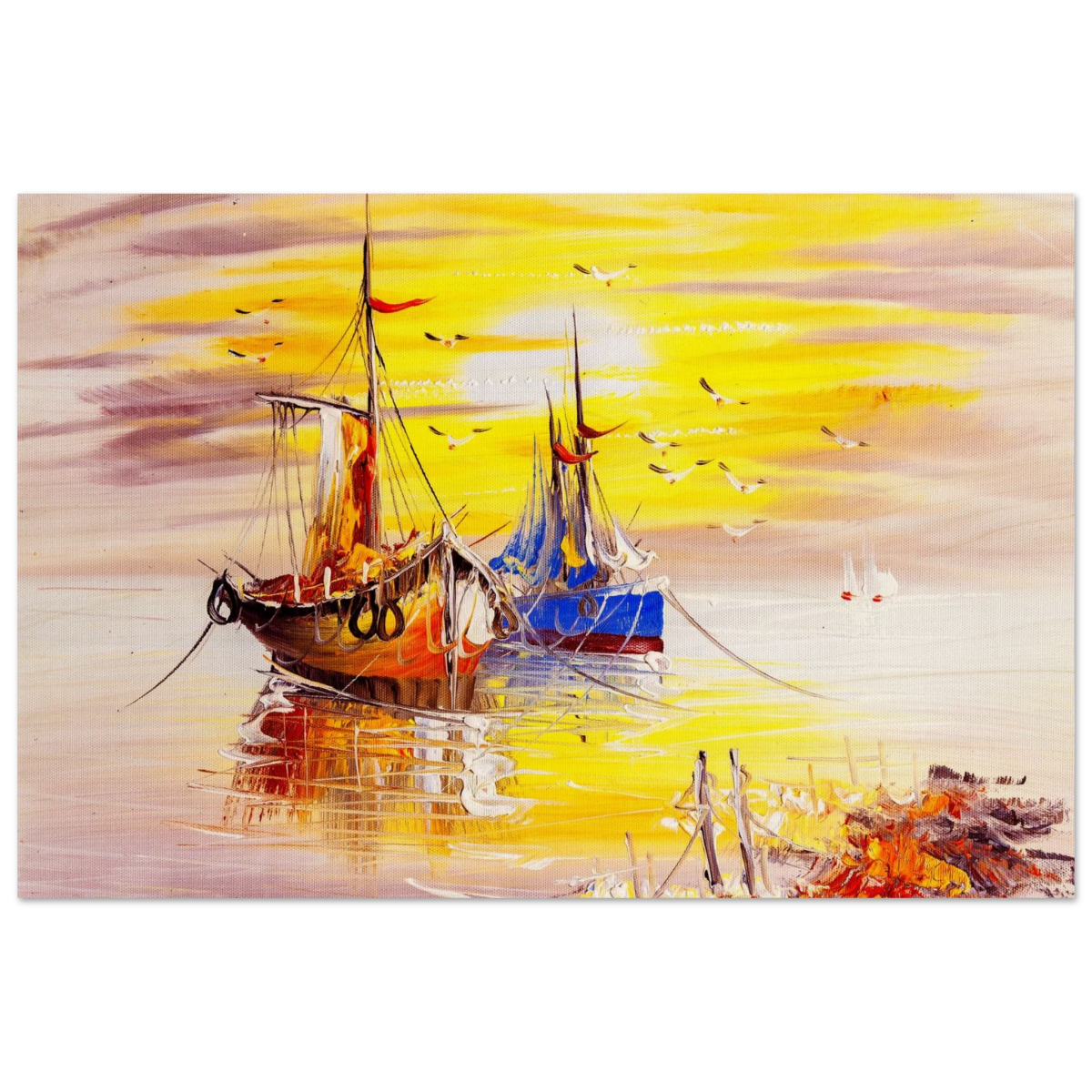 Golden Sunrise Harbour – Nautical Wall Art Print - Wood Prints - 30x45 cm / 12x18″ - 