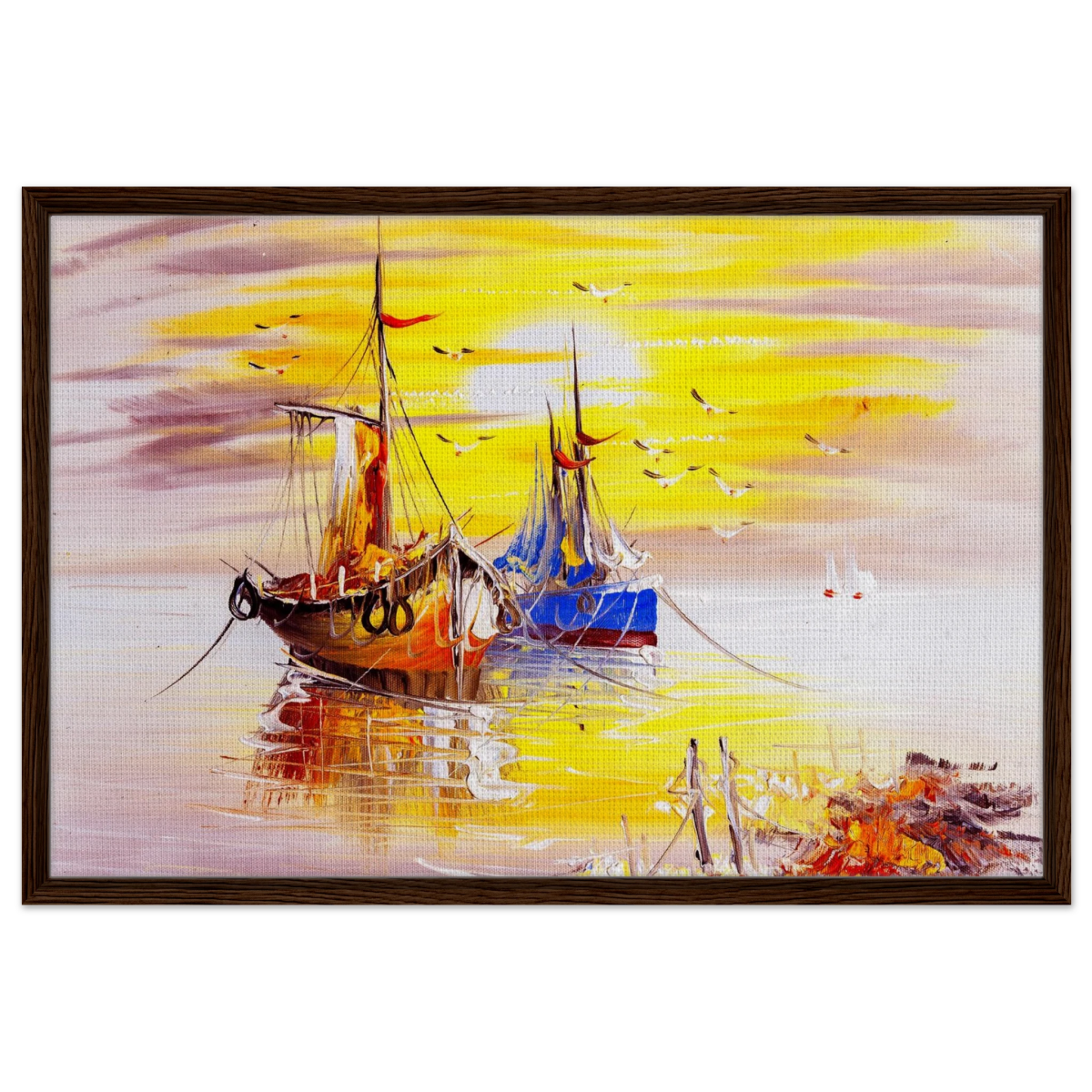 Golden Sunrise Harbour – Nautical Wall Art Print - Framed Canvas - 60x90 cm / 24x36″ - Dark wood frame