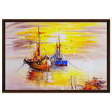 Golden Sunrise Harbour – Nautical Wall Art Print - Framed Canvas - 60x90 cm / 24x36″ - Dark wood frame
