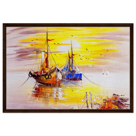 Golden Sunrise Harbour – Nautical Wall Art Print - Framed Canvas - 60x90 cm / 24x36″ - Dark wood frame
