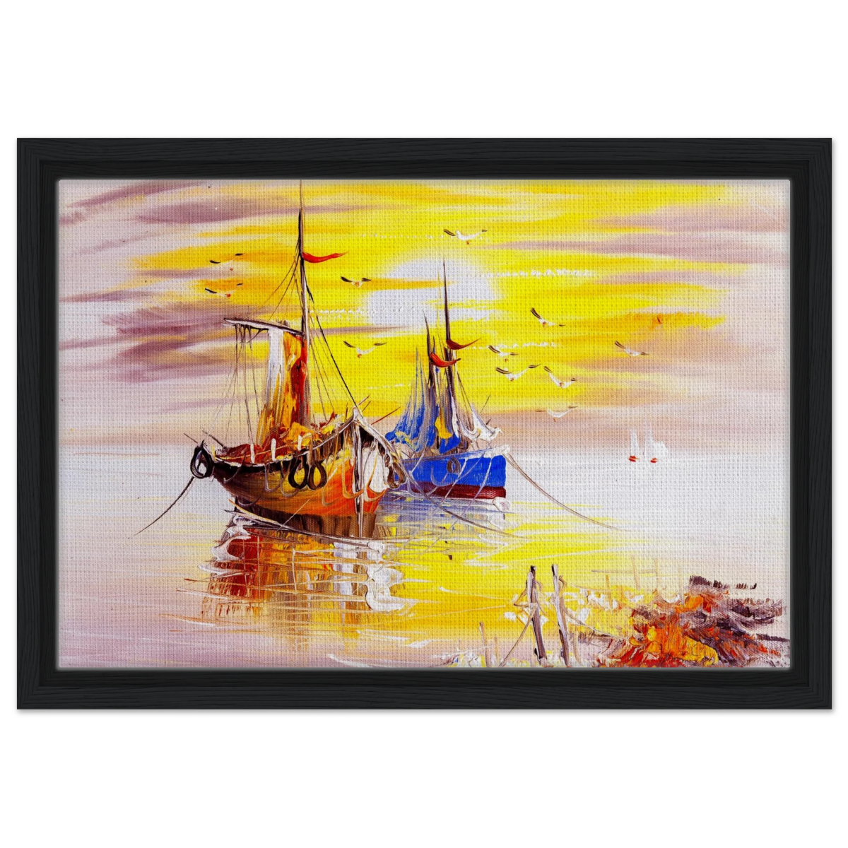 Golden Sunrise Harbour – Nautical Wall Art Print - Framed Canvas - 30x45 cm / 12x18″ - Black frame