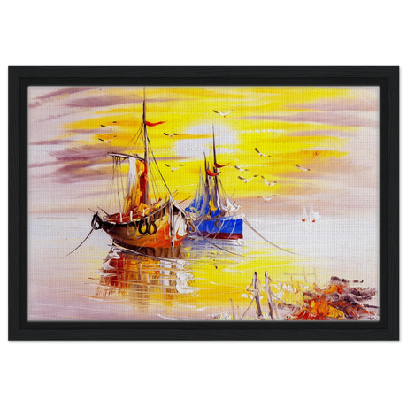 Golden Sunrise Harbour – Nautical Wall Art Print - Framed Canvas - 30x45 cm / 12x18″ - Black frame