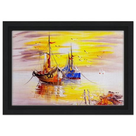 Golden Sunrise Harbour – Nautical Wall Art Print - Framed Canvas - 20x30 cm / 8x12″ - Black frame