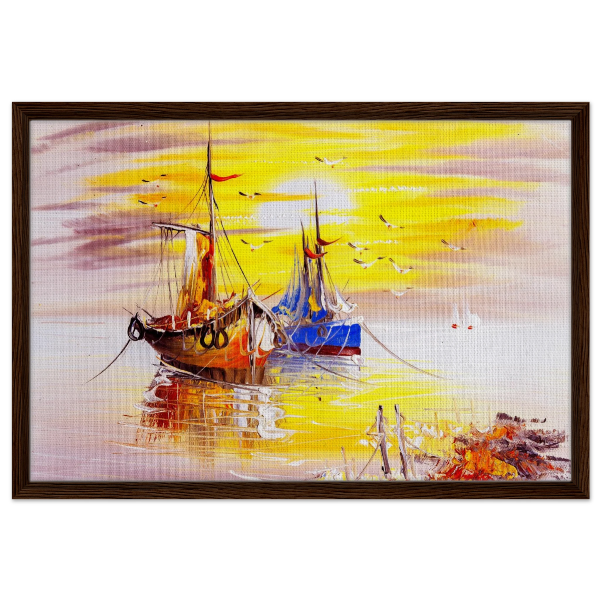 Golden Sunrise Harbour – Nautical Wall Art Print - Framed Canvas - 50x75 cm / 20x30″ - Dark wood frame