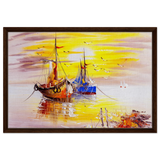 Golden Sunrise Harbour – Nautical Wall Art Print - Framed Canvas - 50x75 cm / 20x30″ - Dark wood frame