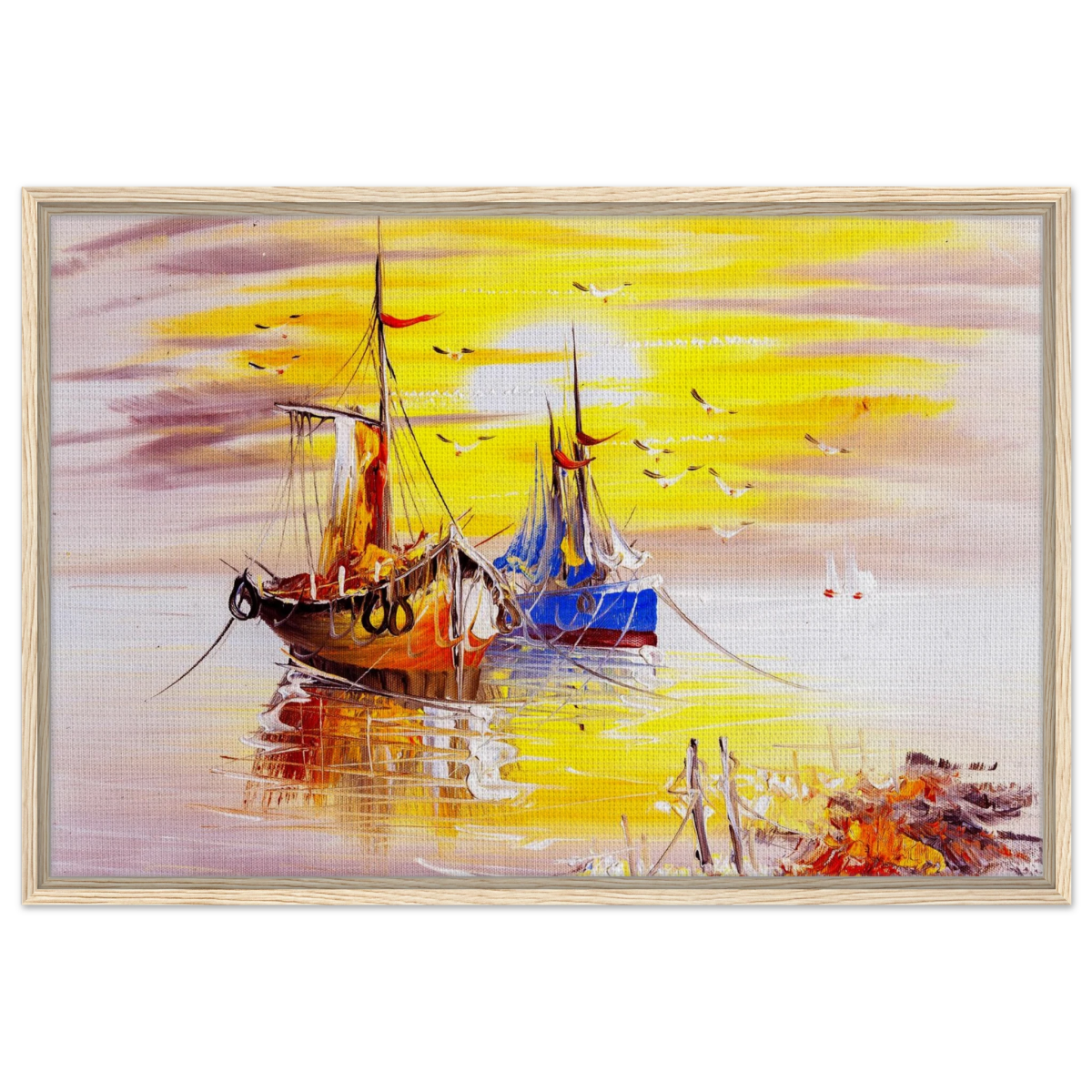 Golden Sunrise Harbour – Nautical Wall Art Print - Framed Canvas - 60x90 cm / 24x36″ - Wood frame