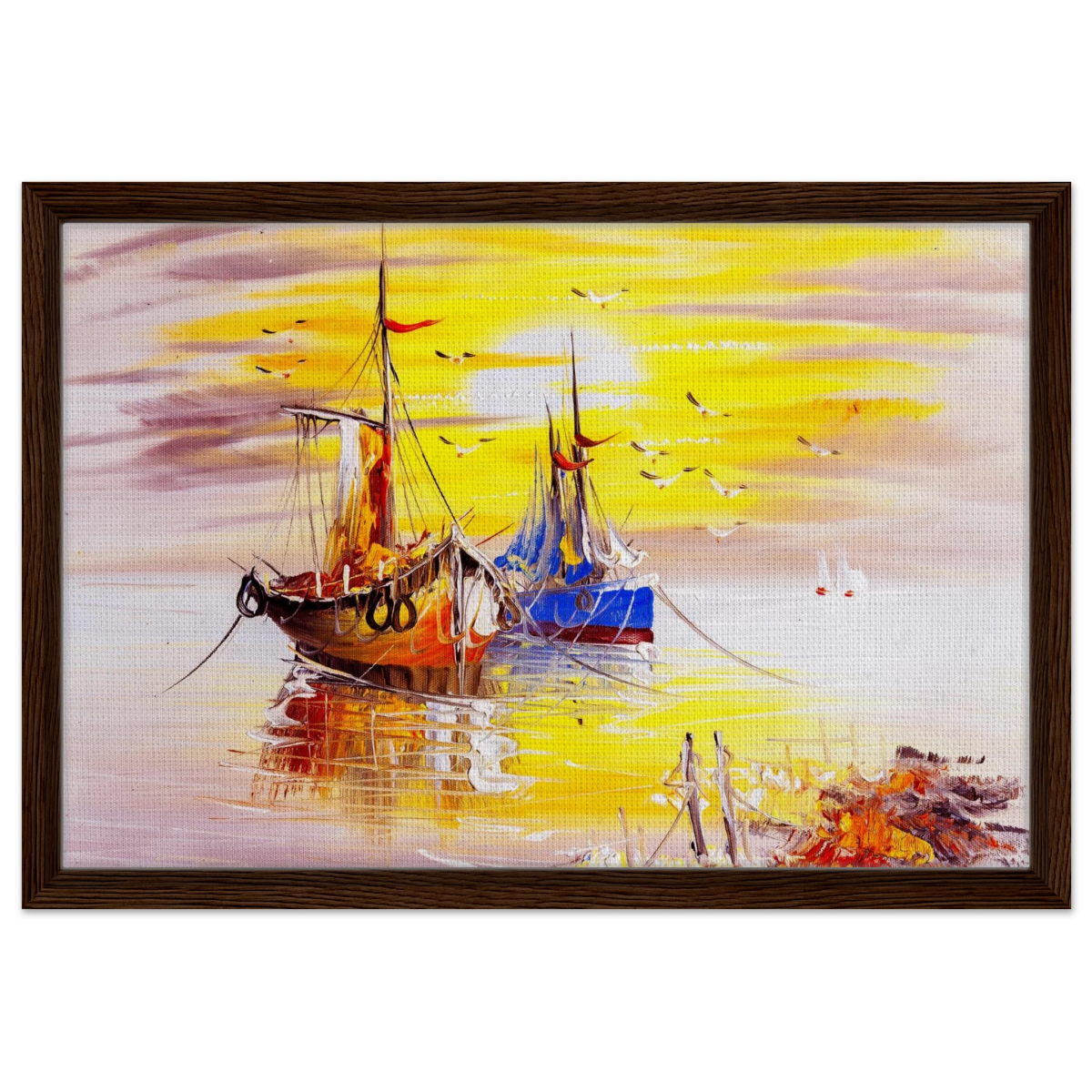 Golden Sunrise Harbour – Nautical Wall Art Print - Framed Canvas - 40x60 cm / 16x24″ - Dark wood frame