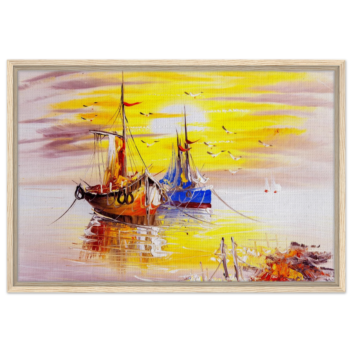 Golden Sunrise Harbour – Nautical Wall Art Print - Framed Canvas - 50x75 cm / 20x30″ - Wood frame