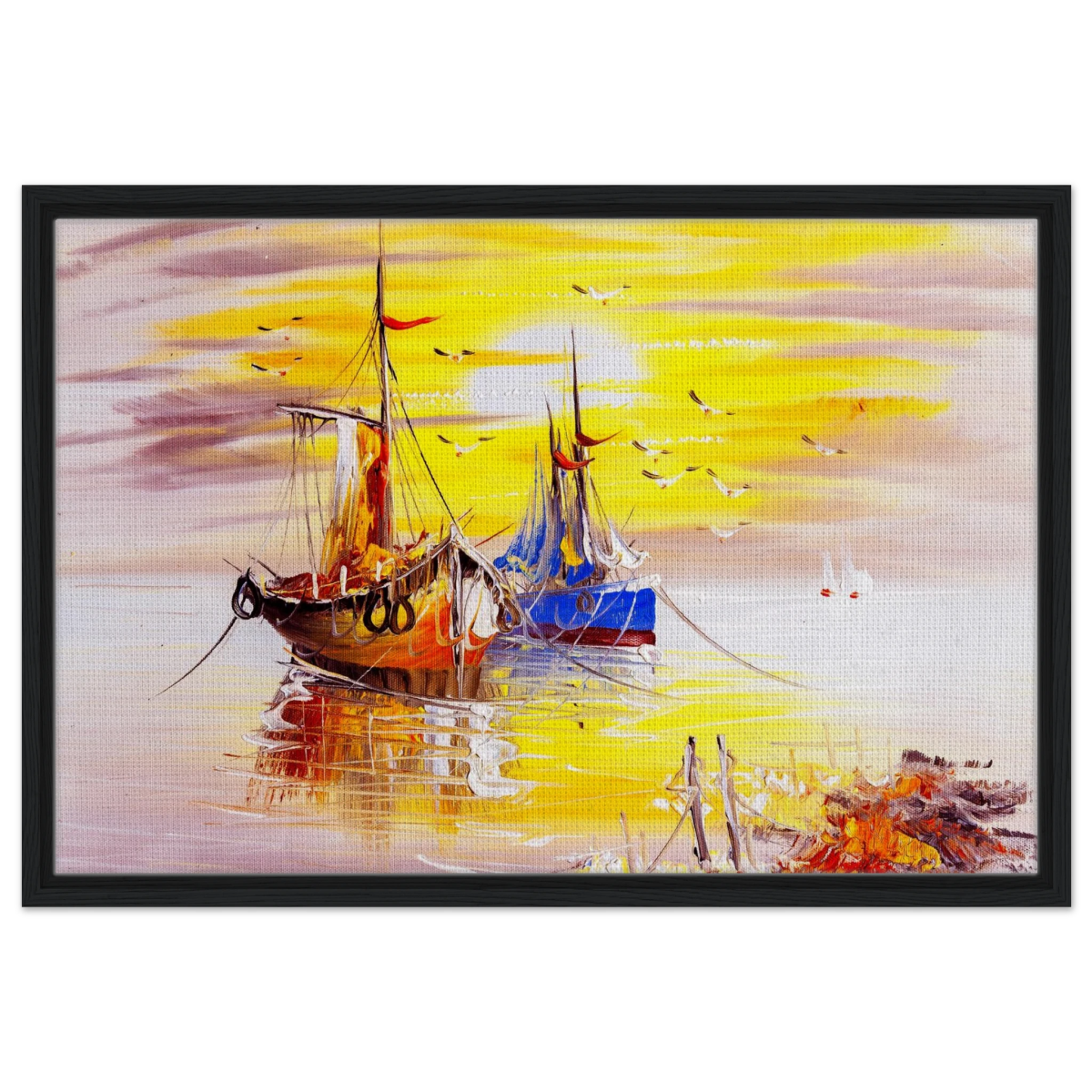 Golden Sunrise Harbour – Nautical Wall Art Print - Framed Canvas - 50x75 cm / 20x30″ - Black frame