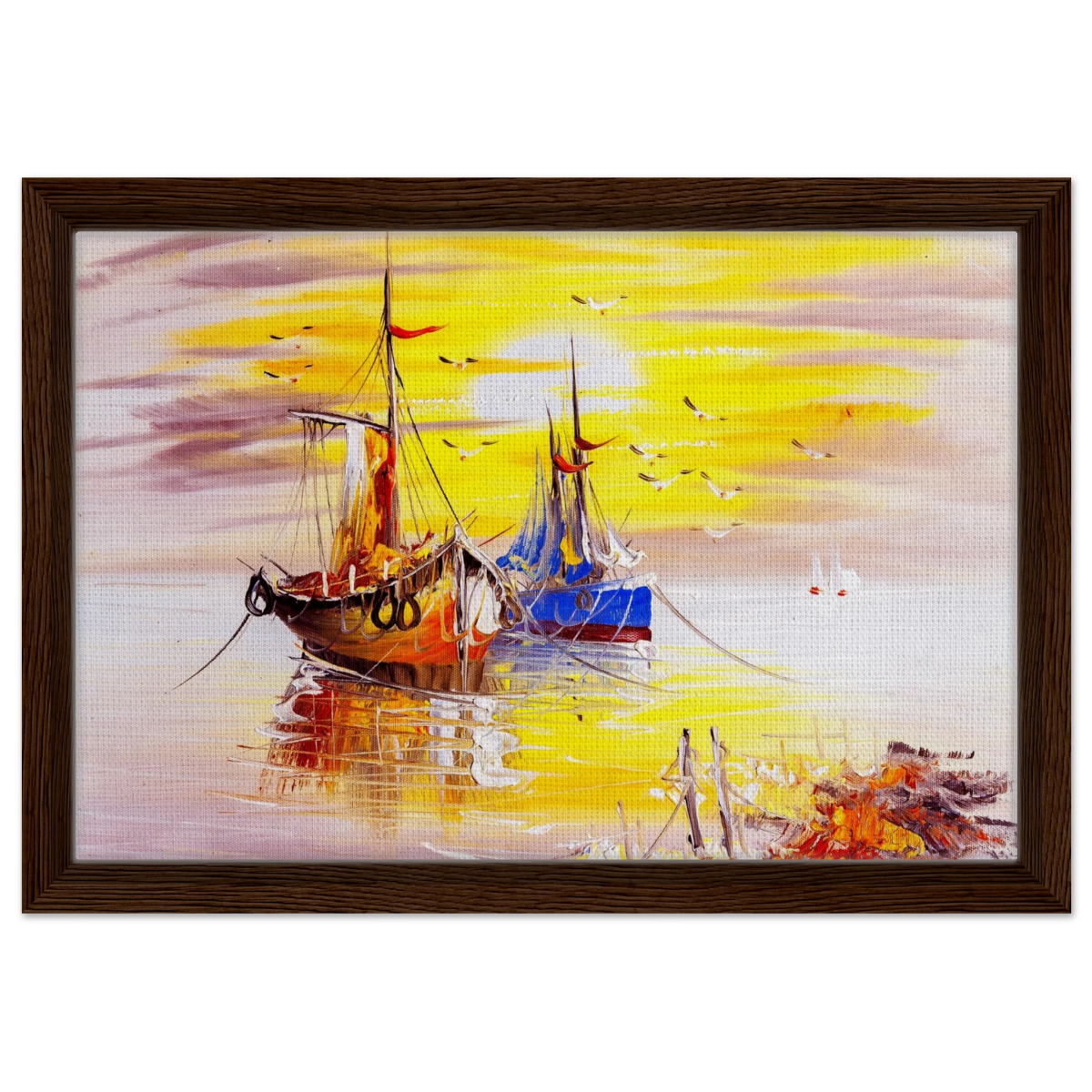 Golden Sunrise Harbour – Nautical Wall Art Print - Framed Canvas - 30x45 cm / 12x18″ - Dark wood frame