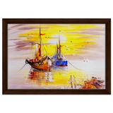Golden Sunrise Harbour – Nautical Wall Art Print - Framed Canvas - 30x45 cm / 12x18″ - Dark wood frame