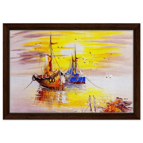 Golden Sunrise Harbour – Nautical Wall Art Print - Framed Canvas - 30x45 cm / 12x18″ - Dark wood frame