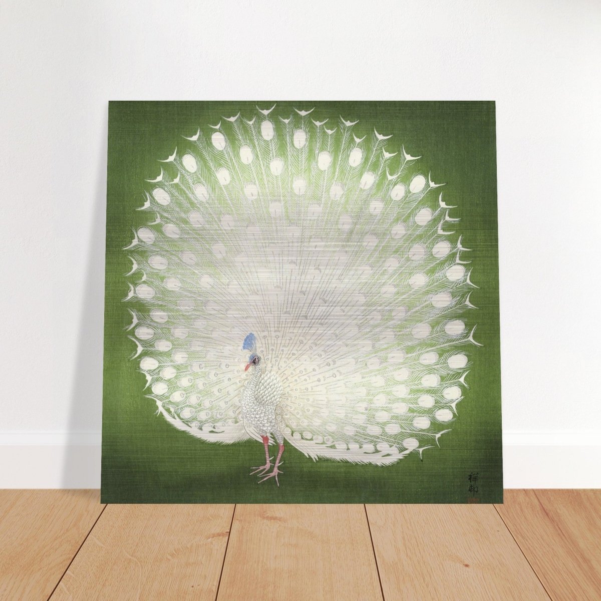 Green Peacock by Ohara Koson | Wall art Print - 40x40 cm / 16x16″ - Brushed Aluminum Print - 