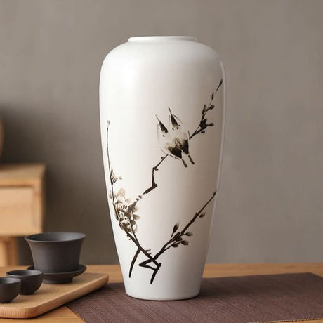 Hand - Painted Ceramic Vase with Bird & Blossom Motif – Classic Oriental Style - Chinese Style - White - 