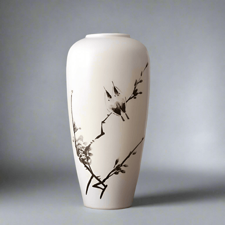 Hand - Painted Ceramic Vase with Bird & Blossom Motif – Classic Oriental Style - Chinese Style - White - 