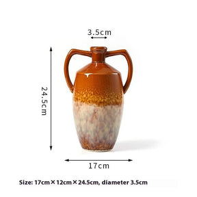 Handcrafted Ceramic Fambe Vases – Kiln - Baked Retro Decorative Ornaments - Narrow Mouth Double - Handle Vase - 