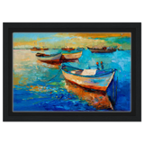 “Harbor Whispers” – Vibrant Boat Reflections on Canvas | Wall art Print - Framed Canvas - 20x30 cm / 8x12″ - Black frame