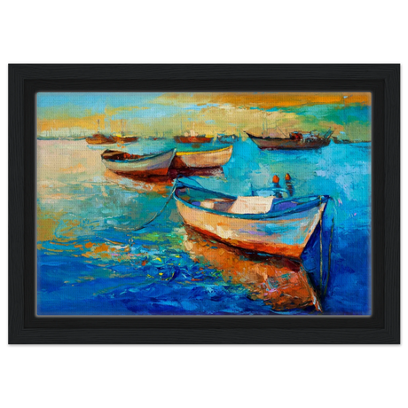 “Harbor Whispers” – Vibrant Boat Reflections on Canvas | Wall art Print - Framed Canvas - 20x30 cm / 8x12″ - Black frame