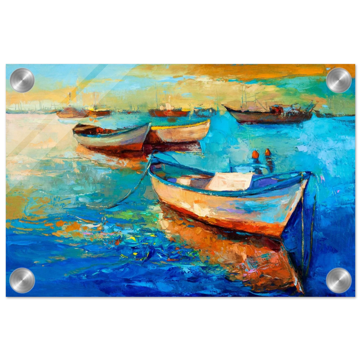 “Harbor Whispers” – Vibrant Boat Reflections on Canvas | Wall art Print - Acrylic Print - 20x30 cm / 8x12″ - 