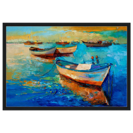 “Harbor Whispers” – Vibrant Boat Reflections on Canvas | Wall art Print - Framed Canvas - 60x90 cm / 24x36″ - Black frame