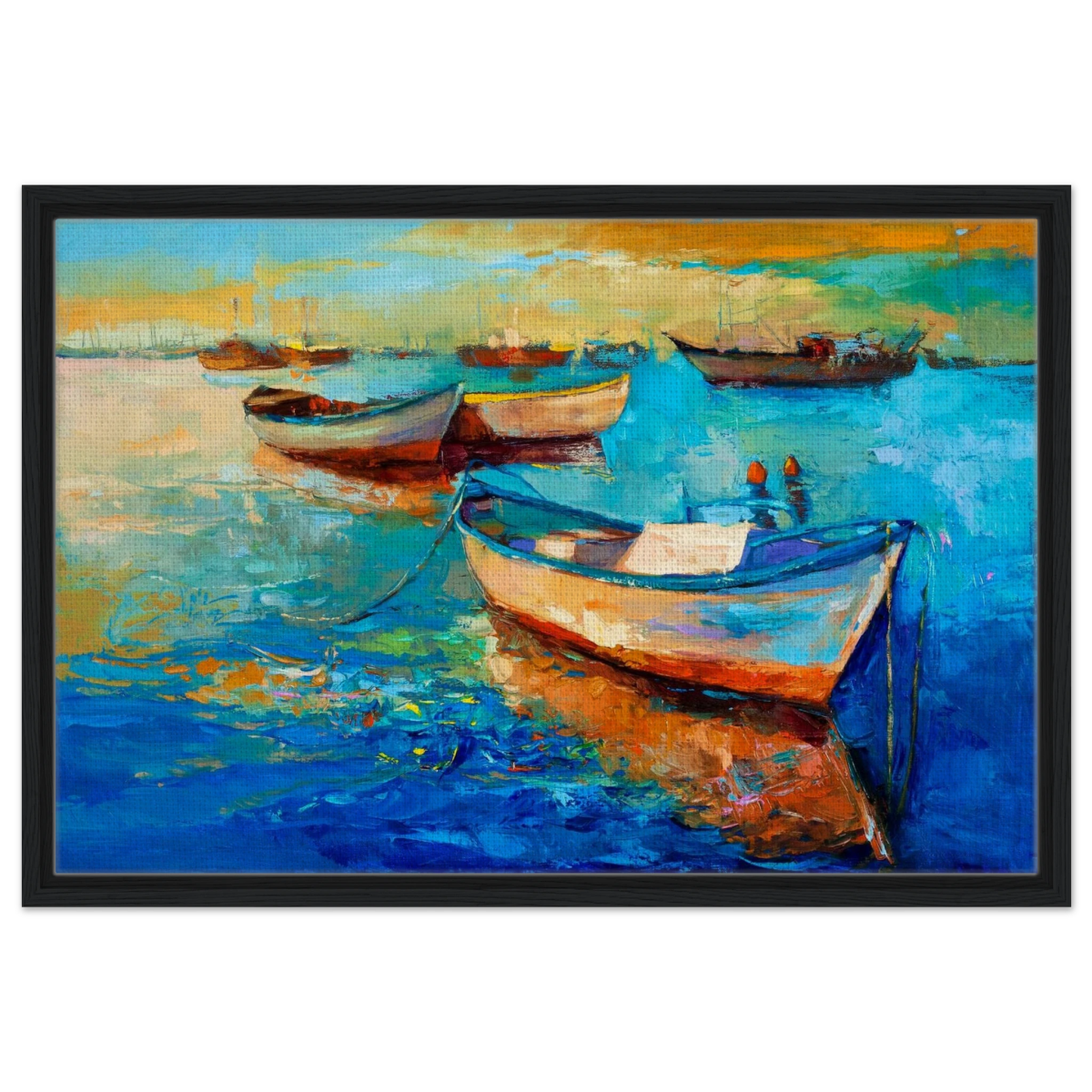 “Harbor Whispers” – Vibrant Boat Reflections on Canvas | Wall art Print - Framed Canvas - 50x75 cm / 20x30″ - Black frame
