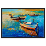 “Harbor Whispers” – Vibrant Boat Reflections on Canvas | Wall art Print - Framed Canvas - 50x75 cm / 20x30″ - Black frame